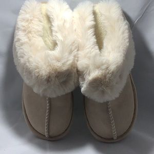 Tan and Cream Faux Suede and Fur Slippers